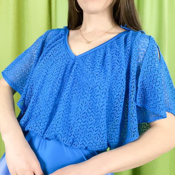 80s Vintage Royal Blue Crochet Top Bat Wing Sleeve Maxi Gown - Picture 2 of 5